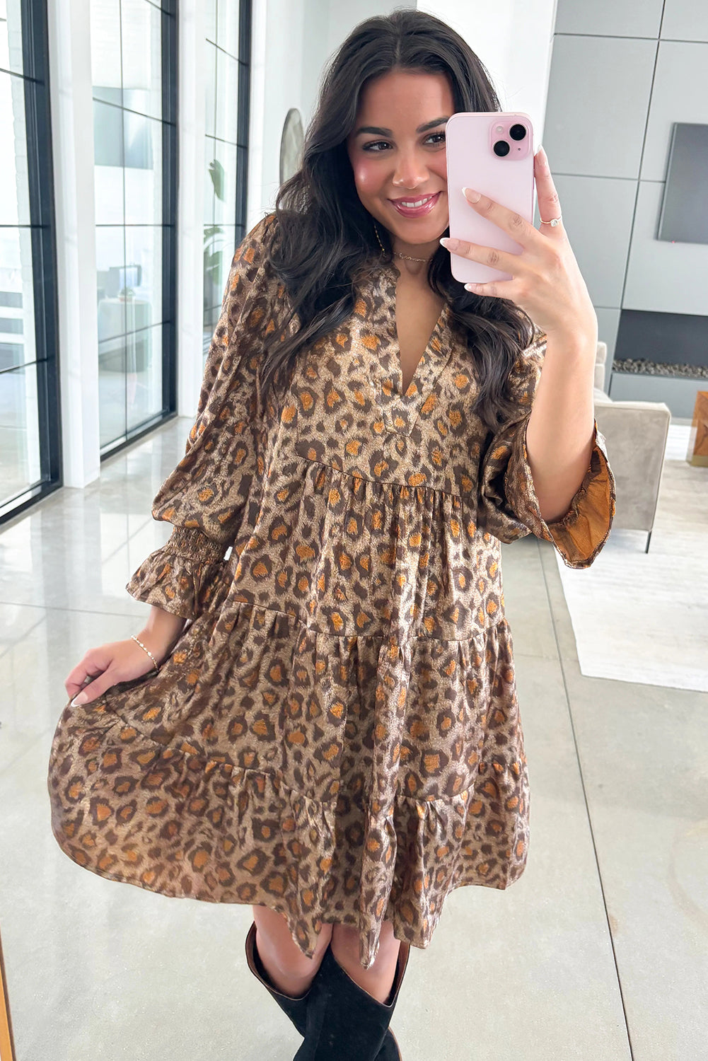 Leopard Print V Neck Ruffled Sleeve Tiered Loose Mini Dress