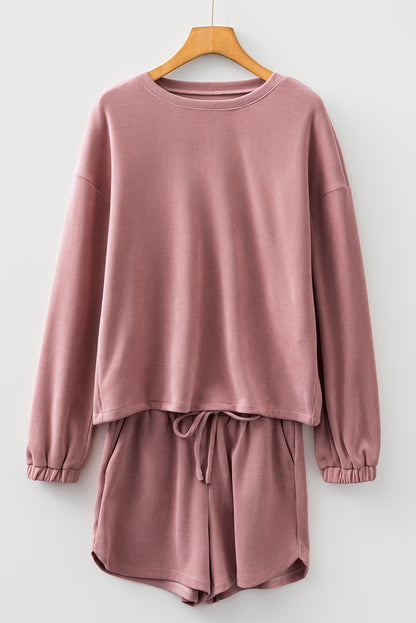 Soft Fushia Solid Color Textured Knit Drop Shoulder Pullover Drawstring Shorts Set