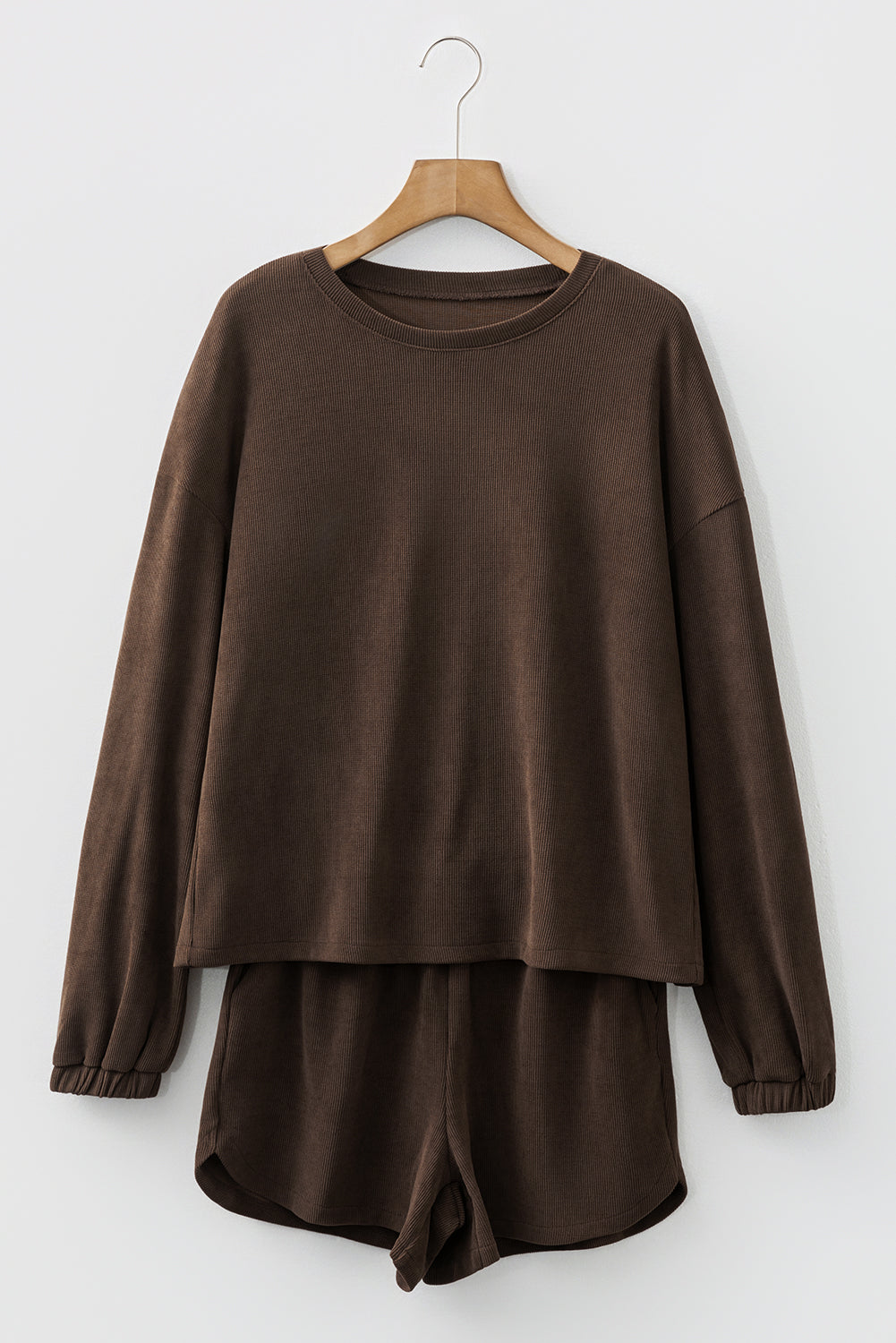 Soft Fushia Solid Color Textured Knit Drop Shoulder Pullover Drawstring Shorts Set