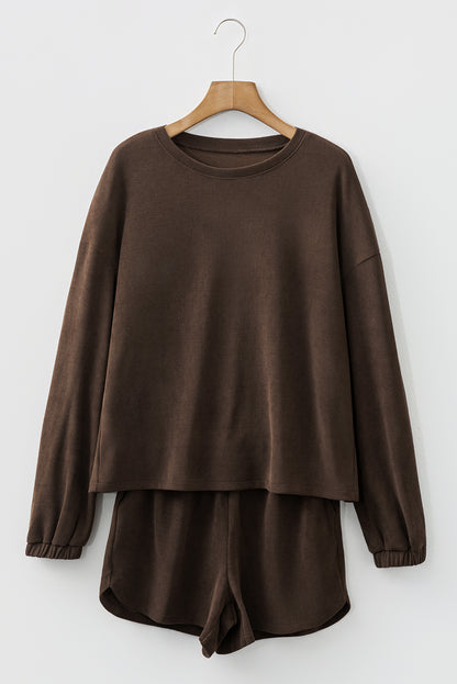 Soft Fushia Solid Color Textured Knit Drop Shoulder Pullover Drawstring Shorts Set