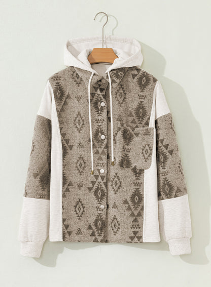 Gray Western Aztec Print Color Block Patchwork Drawstring Hooded Shacket