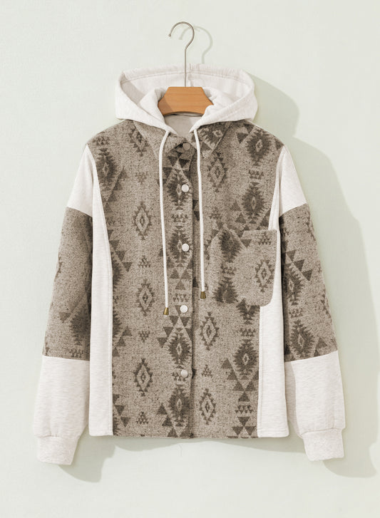 Gray Western Aztec Print Color Block Patchwork Drawstring Hooded Shacket