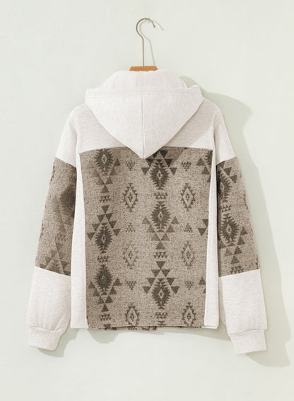 Gray Western Aztec Print Color Block Patchwork Drawstring Hooded Shacket