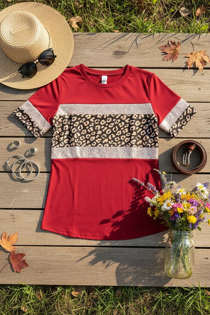 Red Leopard & Sequin Stripe Short Sleeve Women T-shirt