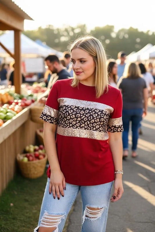Red Leopard & Sequin Stripe Short Sleeve Women T-shirt