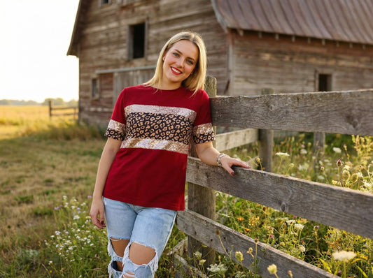 Red Leopard & Sequin Stripe Short Sleeve Women T-shirt