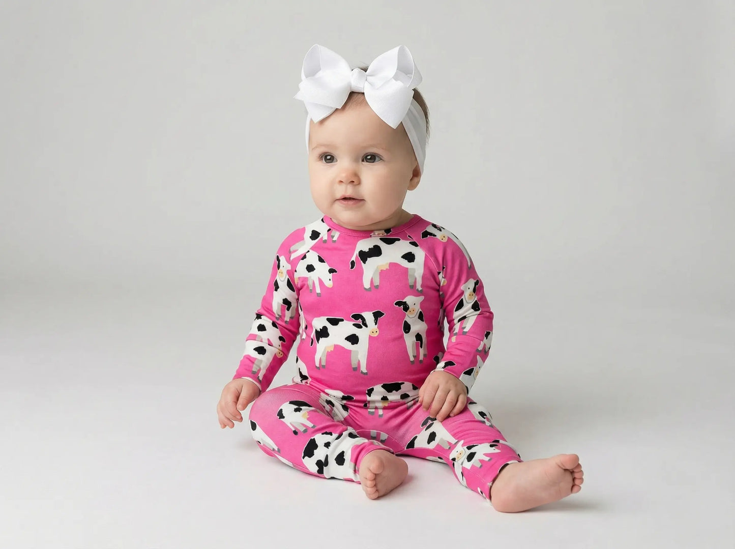 Pink Baby Cow Printed Long Sleeve Infant Zip-Up Onesie