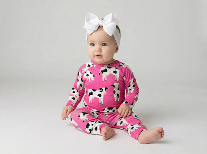 Pink Baby Cow Printed Long Sleeve Infant Zip-Up Onesie