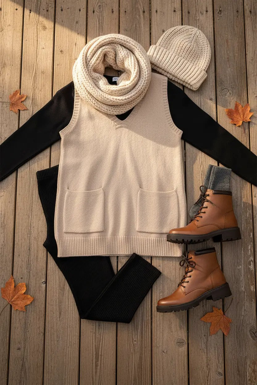 Ribbed Deep V Neckline Front Pocketed Loose Tunic Sweater Vest