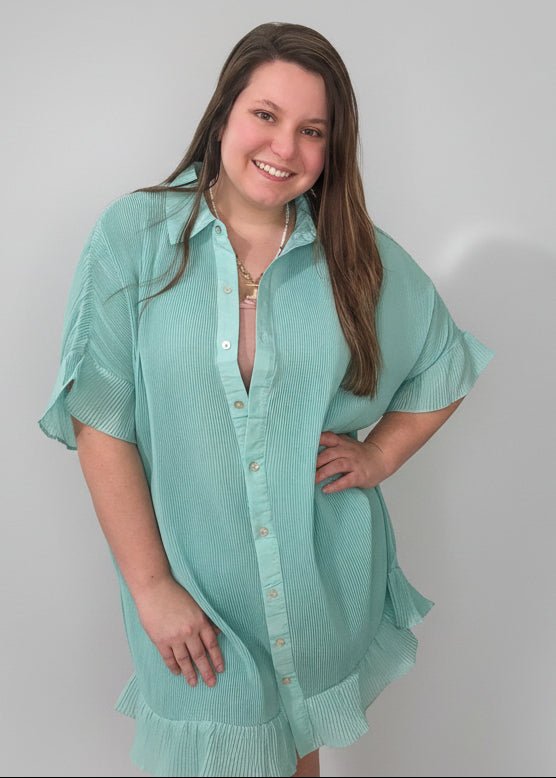 Aqua Blue Collared Ribbed Button Up Dress - TruBlu Trends