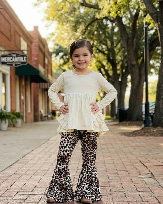 Beige High - low Top Leopard Pant Girls Sets - TruBlu Trends