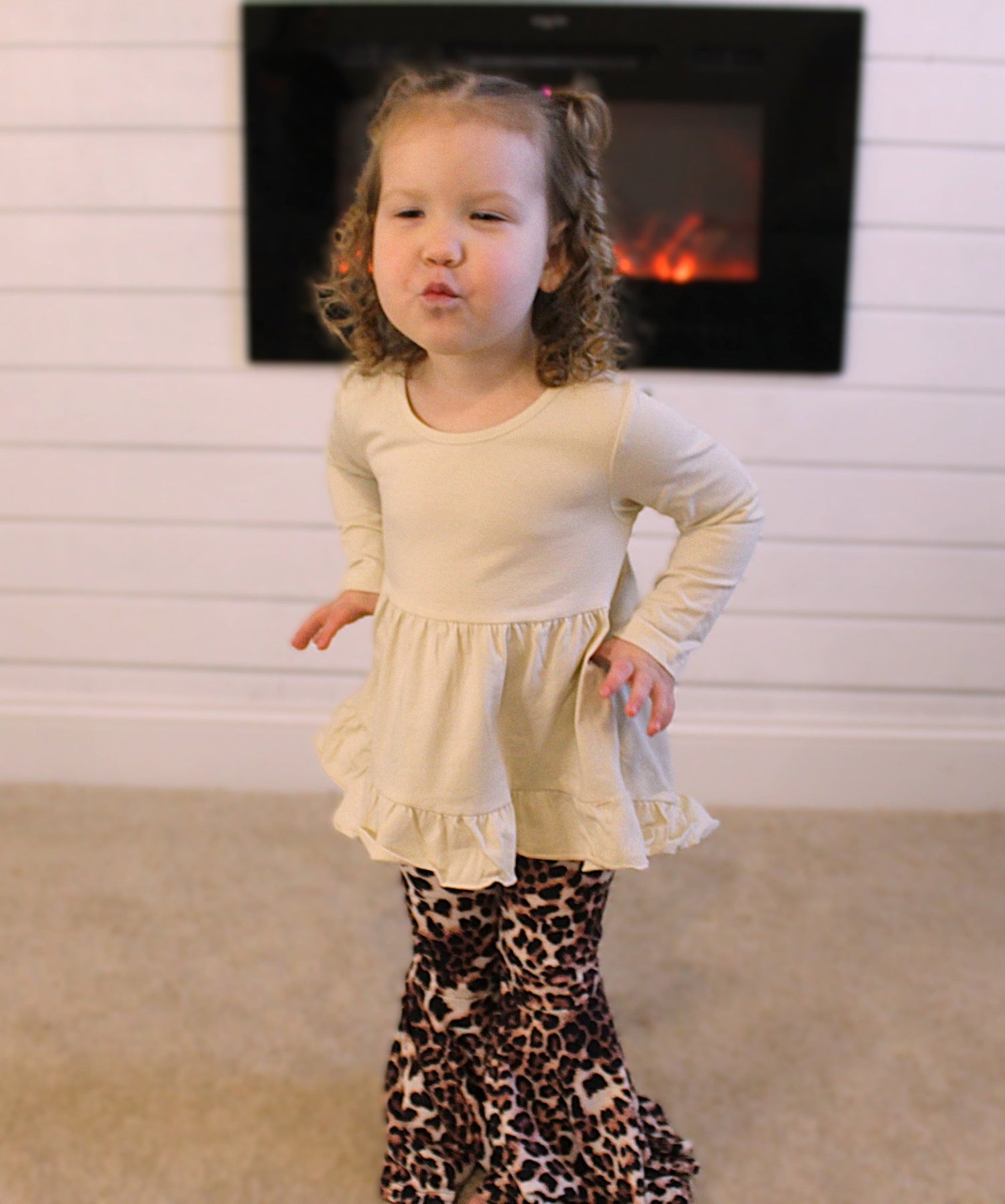 Beige High - low Top Leopard Pant Girls Sets - TruBlu Trends