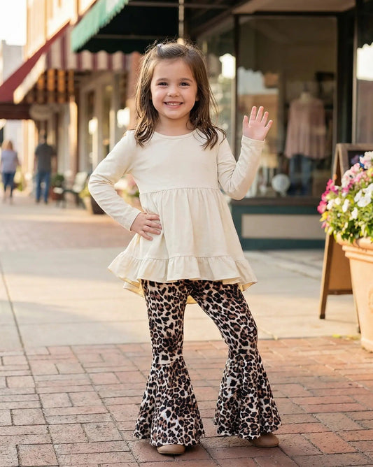 Beige High - low Top Leopard Pant Girls Sets - TruBlu Trends