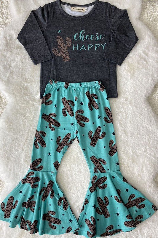 'Choose Happy' Leopard Print Cactus Grey Blue 2pc Girls Flare Pant Set - TruBlu Trends