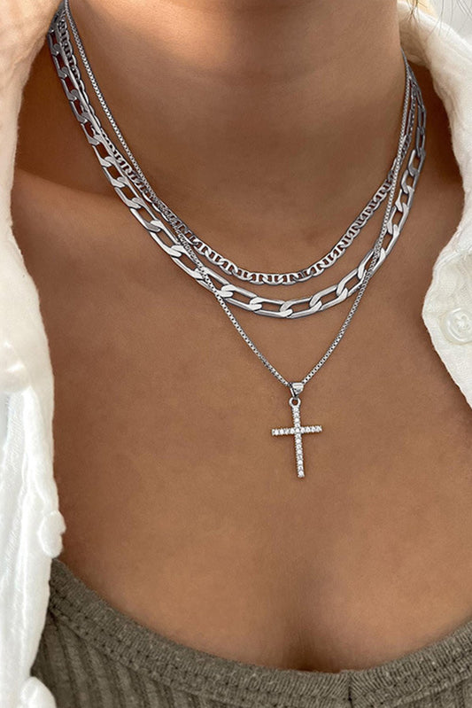 Cross Pendant Multi Layer Stacked Chains Necklace - TruBlu Trends