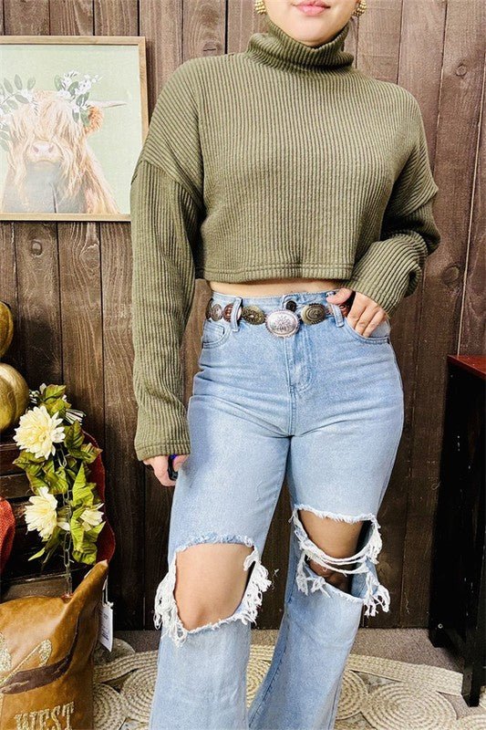 Forrest Green Drop Shoulder Knit Crop Sweater - TruBlu Trends