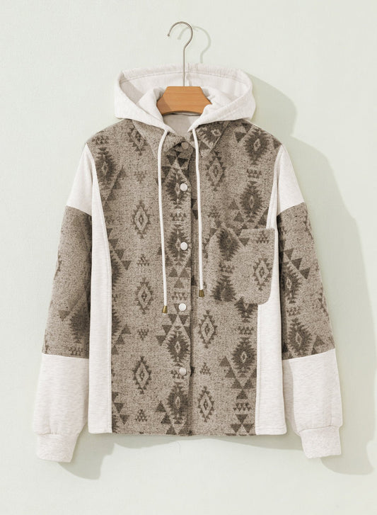 Gray Western Aztec Print Color Block Patchwork Drawstring Hooded Shacket - TruBlu Trends