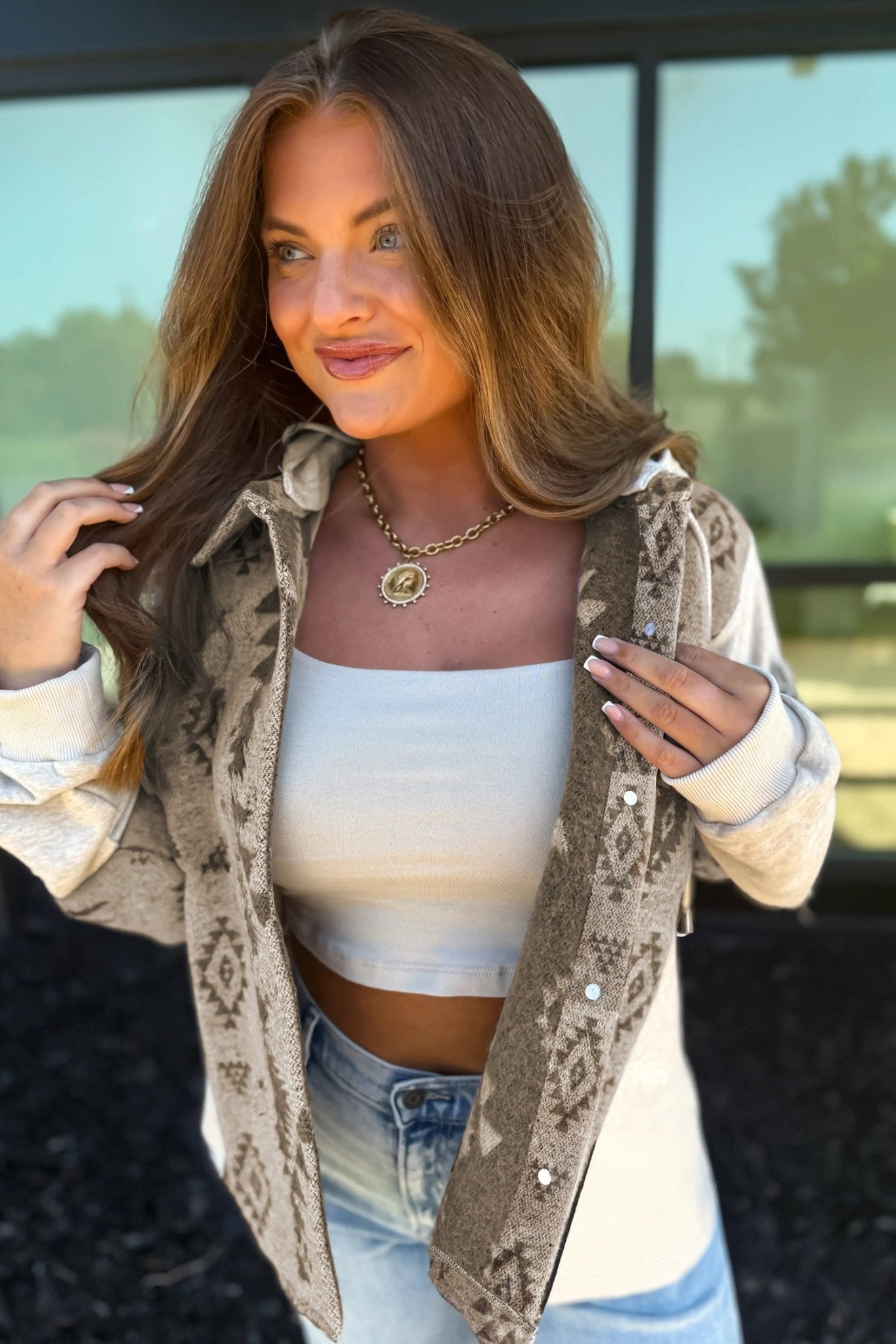 Gray Western Aztec Print Color Block Patchwork Drawstring Hooded Shacket - TruBlu Trends