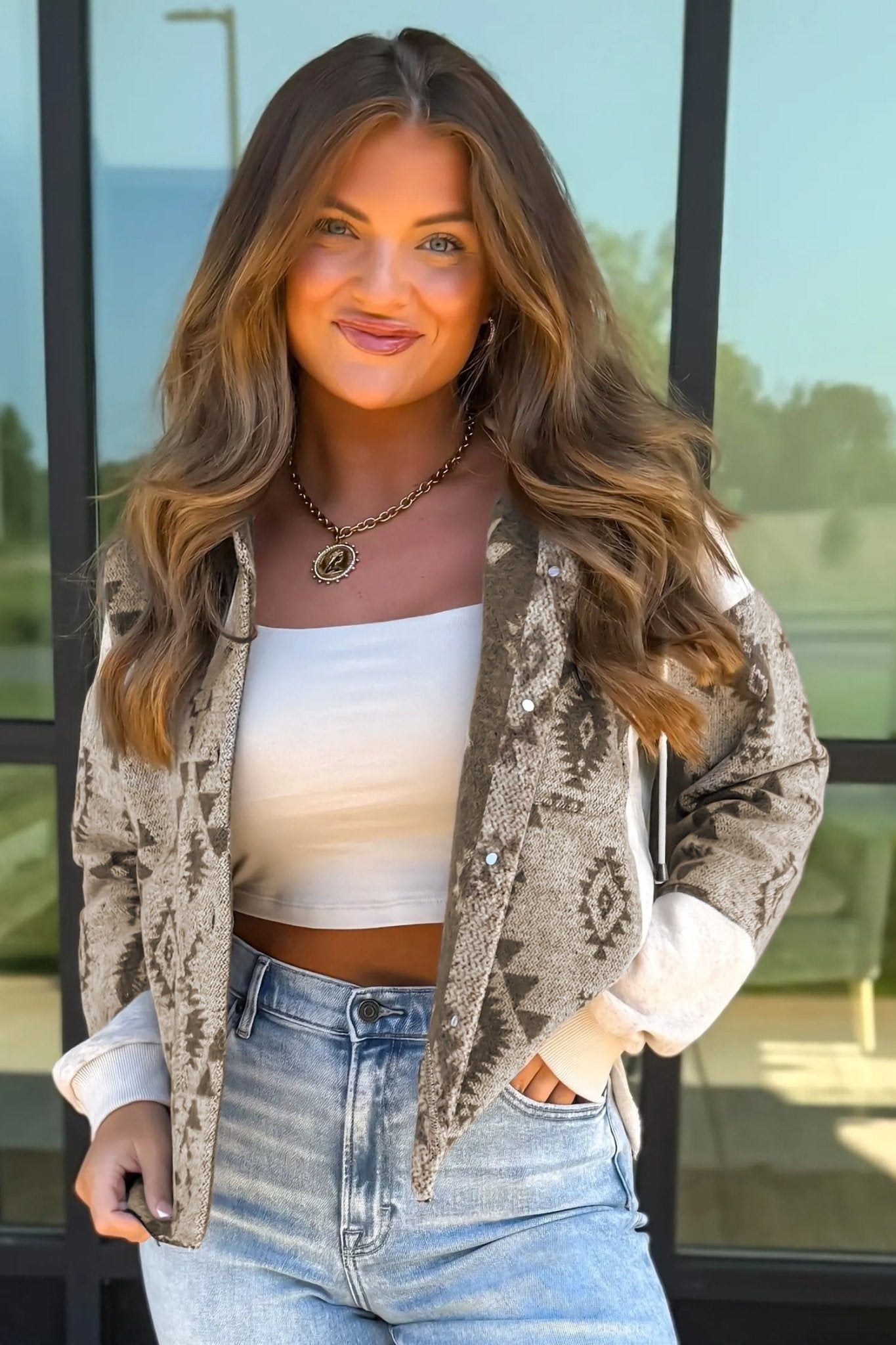 Gray Western Aztec Print Color Block Patchwork Drawstring Hooded Shacket - TruBlu Trends