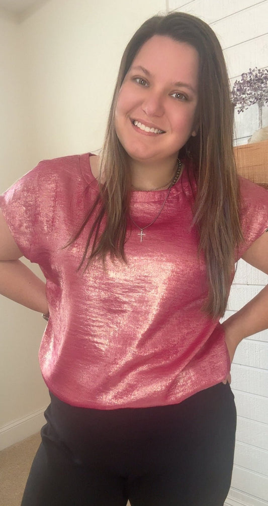 Hot Pink Metallic Round Neck Cap Sleeve Blouse - TruBlu Trends