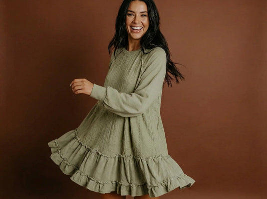 Laurel Green Jacquard Frilled Ruffled Long Sleeve Mini Dress - TruBlu Trends
