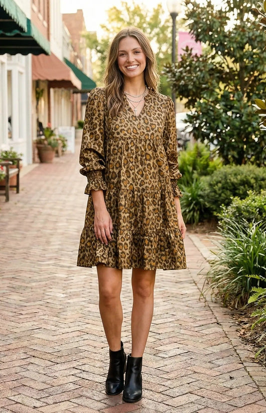 Leopard Print V Neck Ruffled Sleeve Tiered Loose Mini Dress - TruBlu Trends
