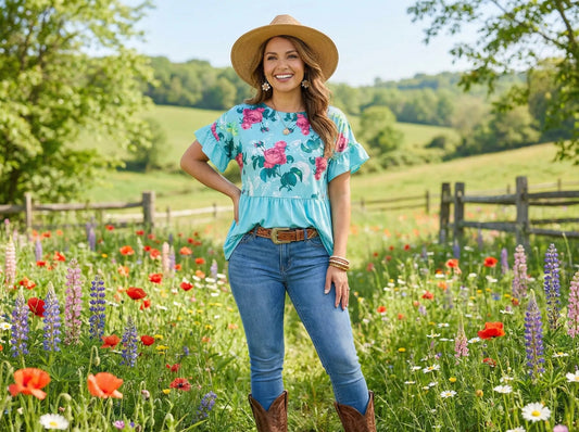 Mint & Floral Printed Baby Doll Short Sleeve Tops - TruBlu Trends