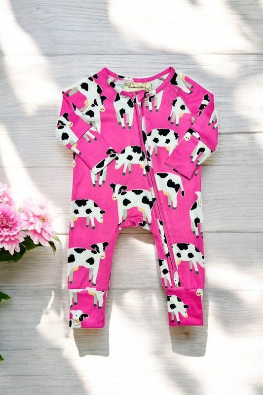 Pink Baby Cow Printed Long Sleeve Infant Zip - Up Onesie - TruBlu Trends
