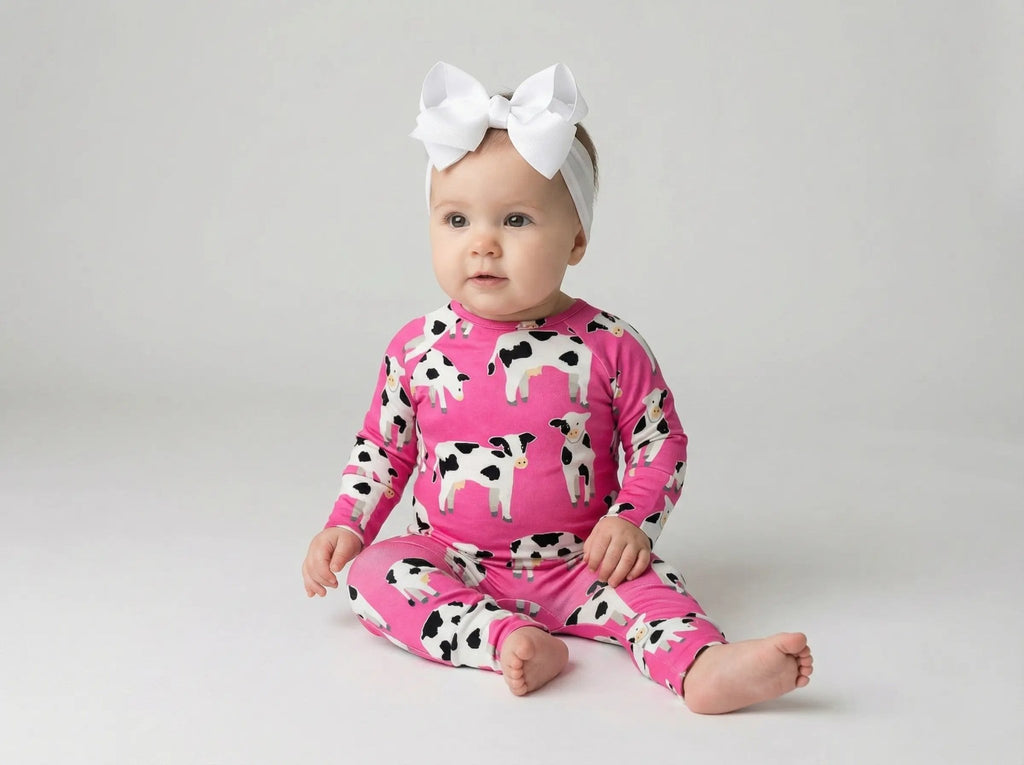 Pink Baby Cow Printed Long Sleeve Infant Zip - Up Onesie - TruBlu Trends