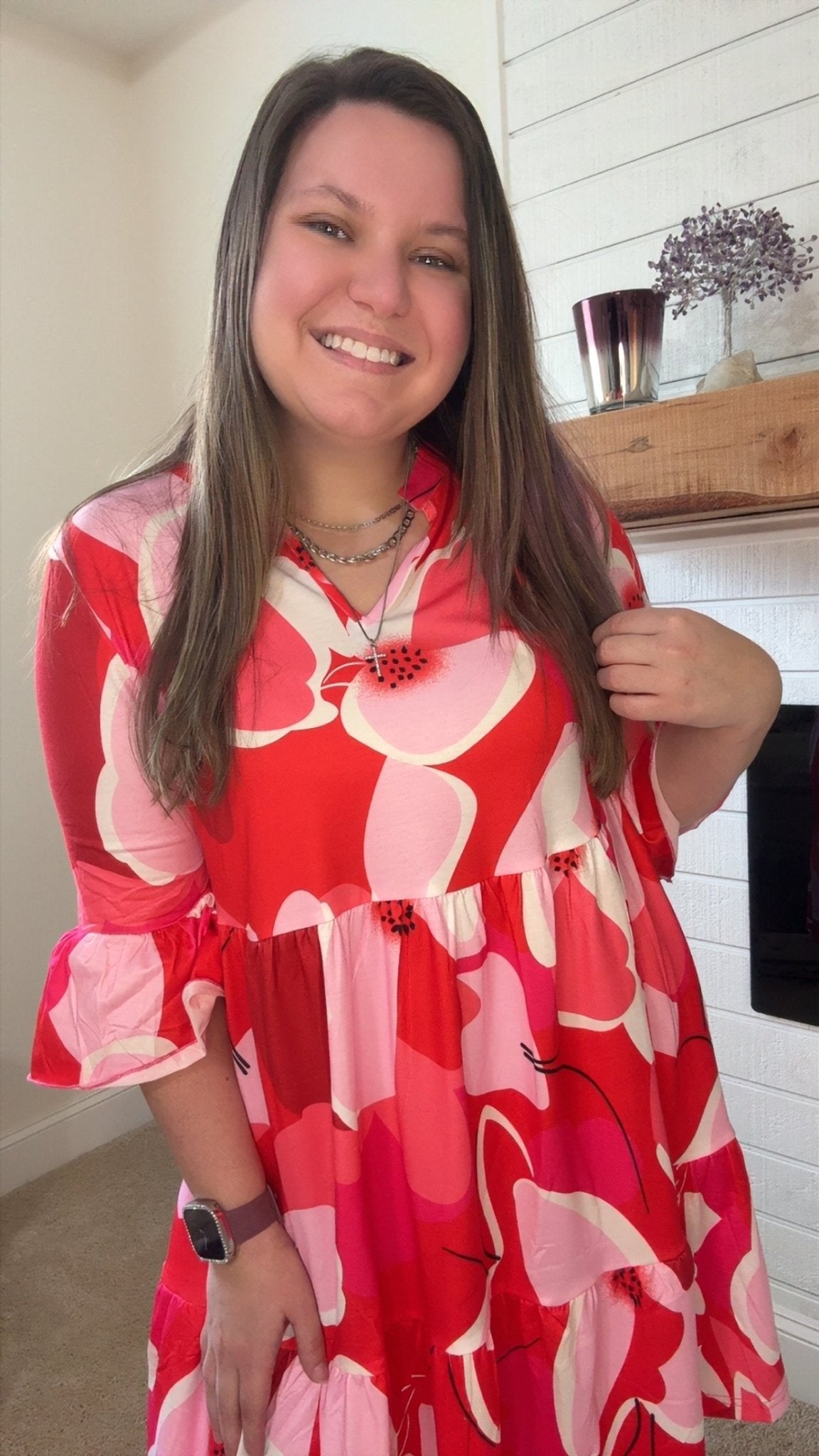 Pink Floral Printed 3/4 Sleeve Women's Dress - TruBlu Trends