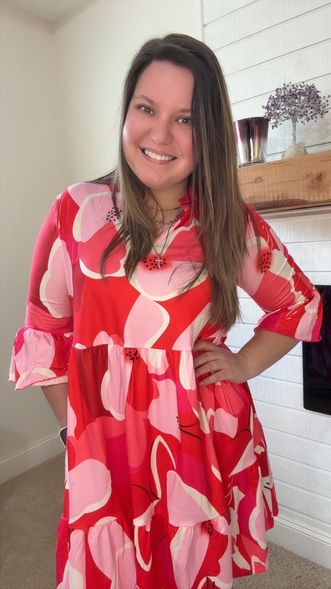 Pink Floral Printed 3/4 Sleeve Women's Dress - TruBlu Trends