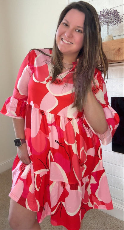 Pink Floral Printed 3/4 Sleeve Women's Dress - TruBlu Trends