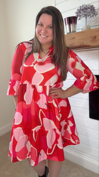 Pink Floral Printed 3/4 Sleeve Women's Dress - TruBlu Trends