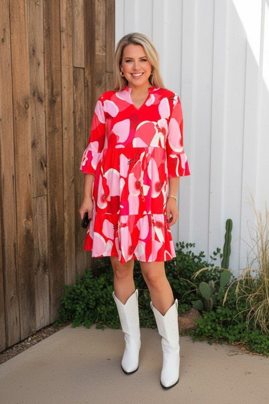 Pink Floral Printed 3/4 Sleeve Women's Dress - TruBlu Trends