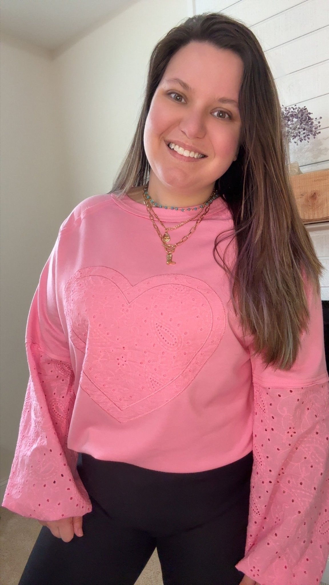 Pink Paisley Broderie Valentine Heart Pattern Long Sleeve - TruBlu Trends