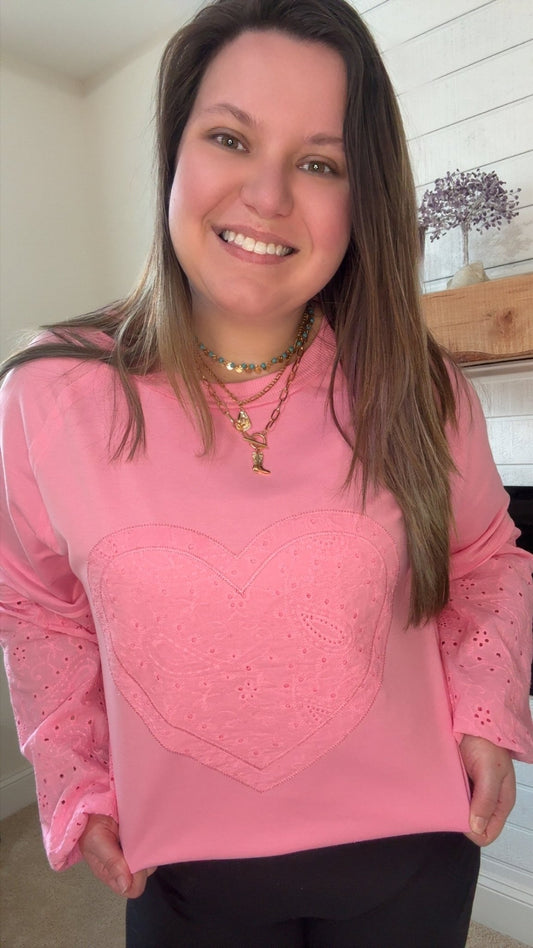 Pink Paisley Broderie Valentine Heart Pattern Long Sleeve - TruBlu Trends