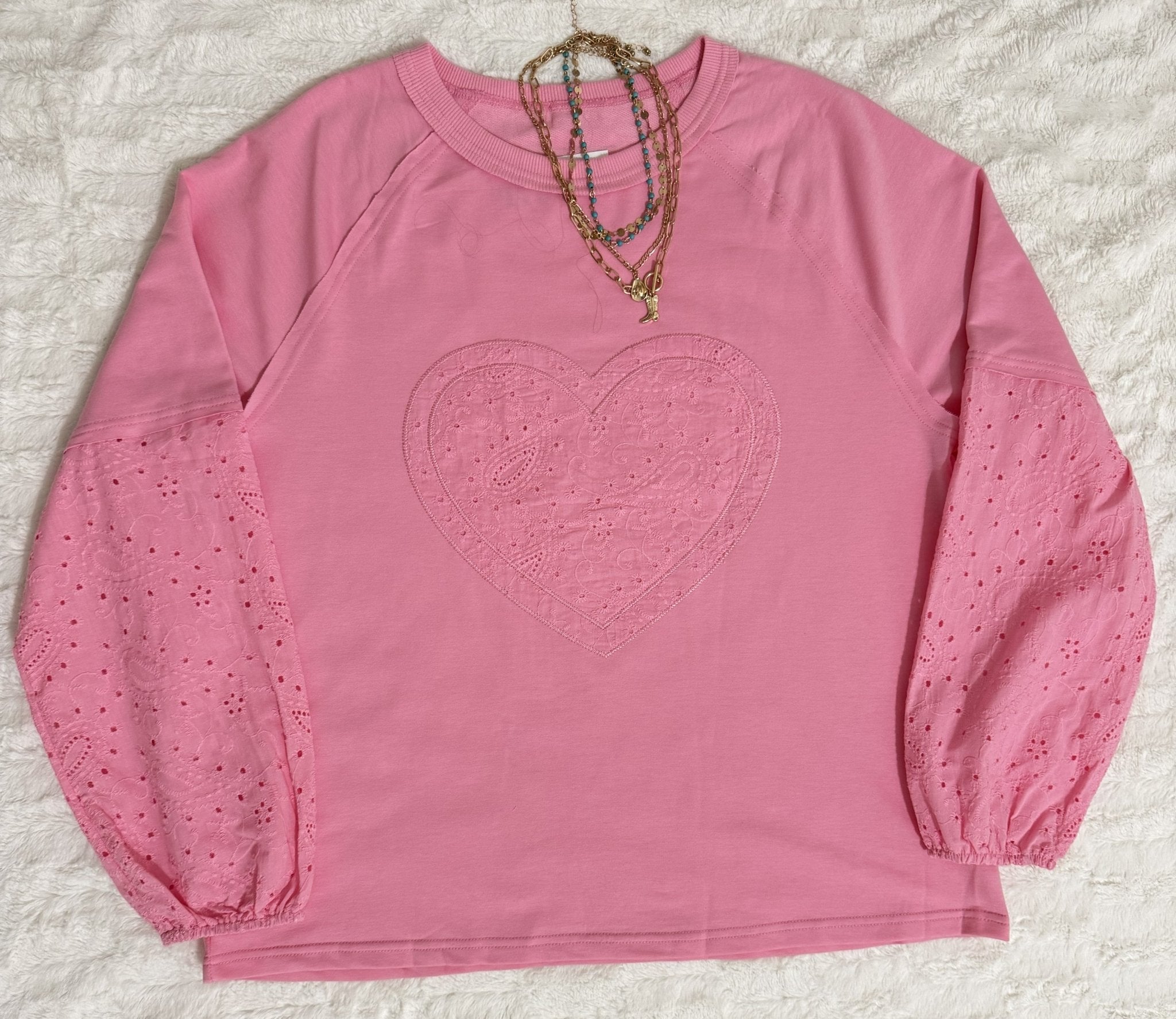 Pink Paisley Broderie Valentine Heart Pattern Long Sleeve - TruBlu Trends