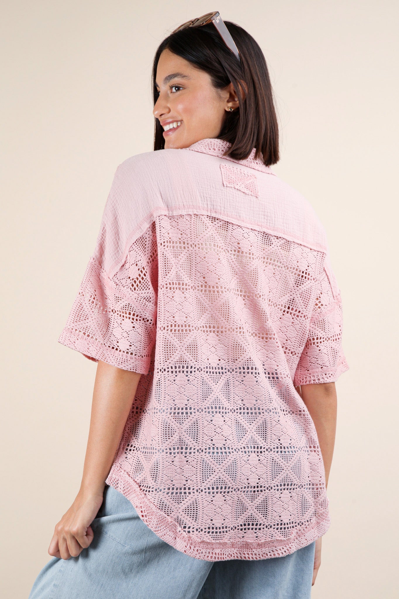 PREORDER: Crocheted Spring Button Up Collard Shirt - TruBlu Trends