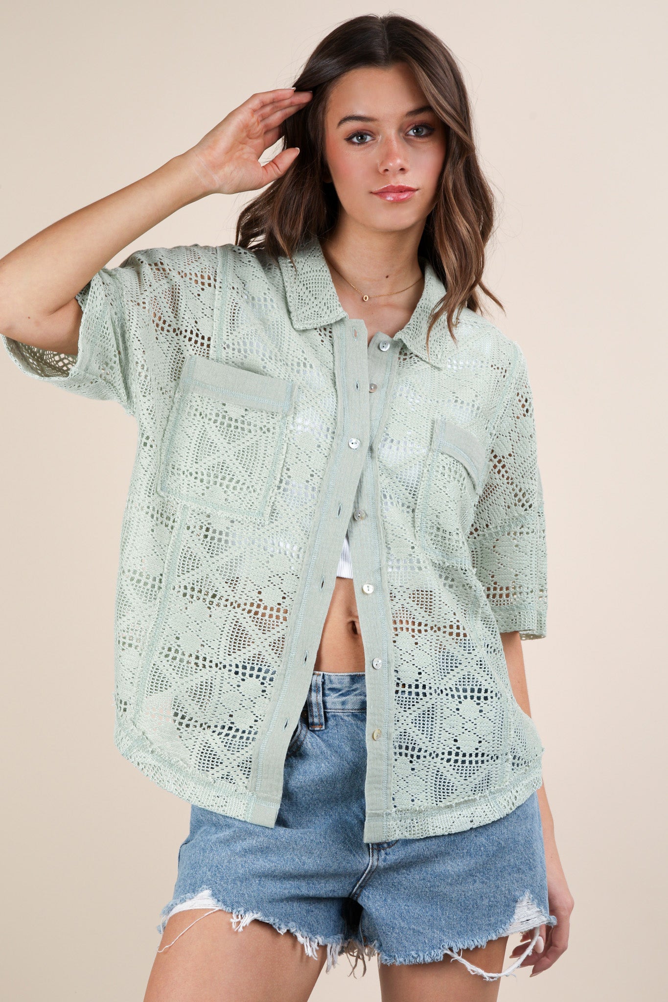 PREORDER: Crocheted Spring Button Up Collard Shirt - TruBlu Trends