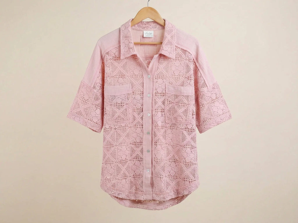 PREORDER: Crocheted Spring Button Up Collard Shirt - TruBlu Trends