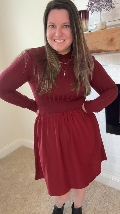 Red Dahlia Ribbed Knit Long Sleeve Mini Dress with Pockets - TruBlu Trends