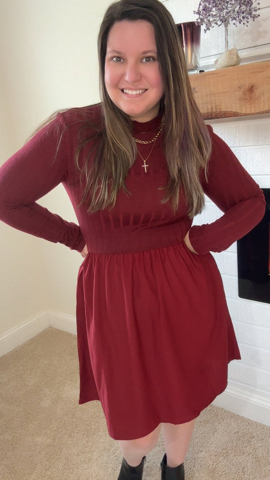 Red Dahlia Ribbed Knit Long Sleeve Mini Dress with Pockets - TruBlu Trends