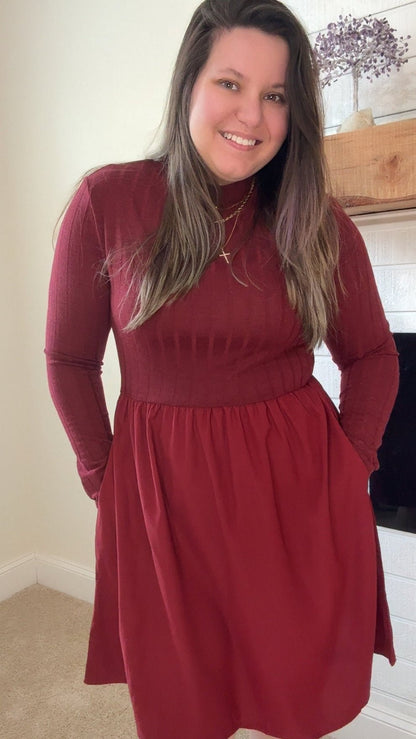 Red Dahlia Ribbed Knit Long Sleeve Mini Dress with Pockets - TruBlu Trends