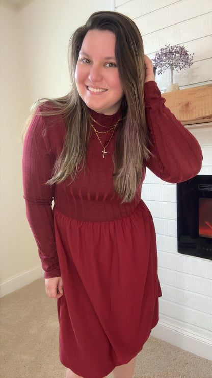 Red Dahlia Ribbed Knit Long Sleeve Mini Dress with Pockets - TruBlu Trends