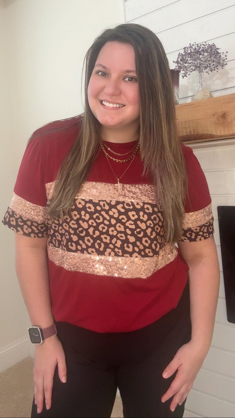 Red Leopard & Sequin Stripe Short Sleeve Women T-shirt - TruBlu Trends