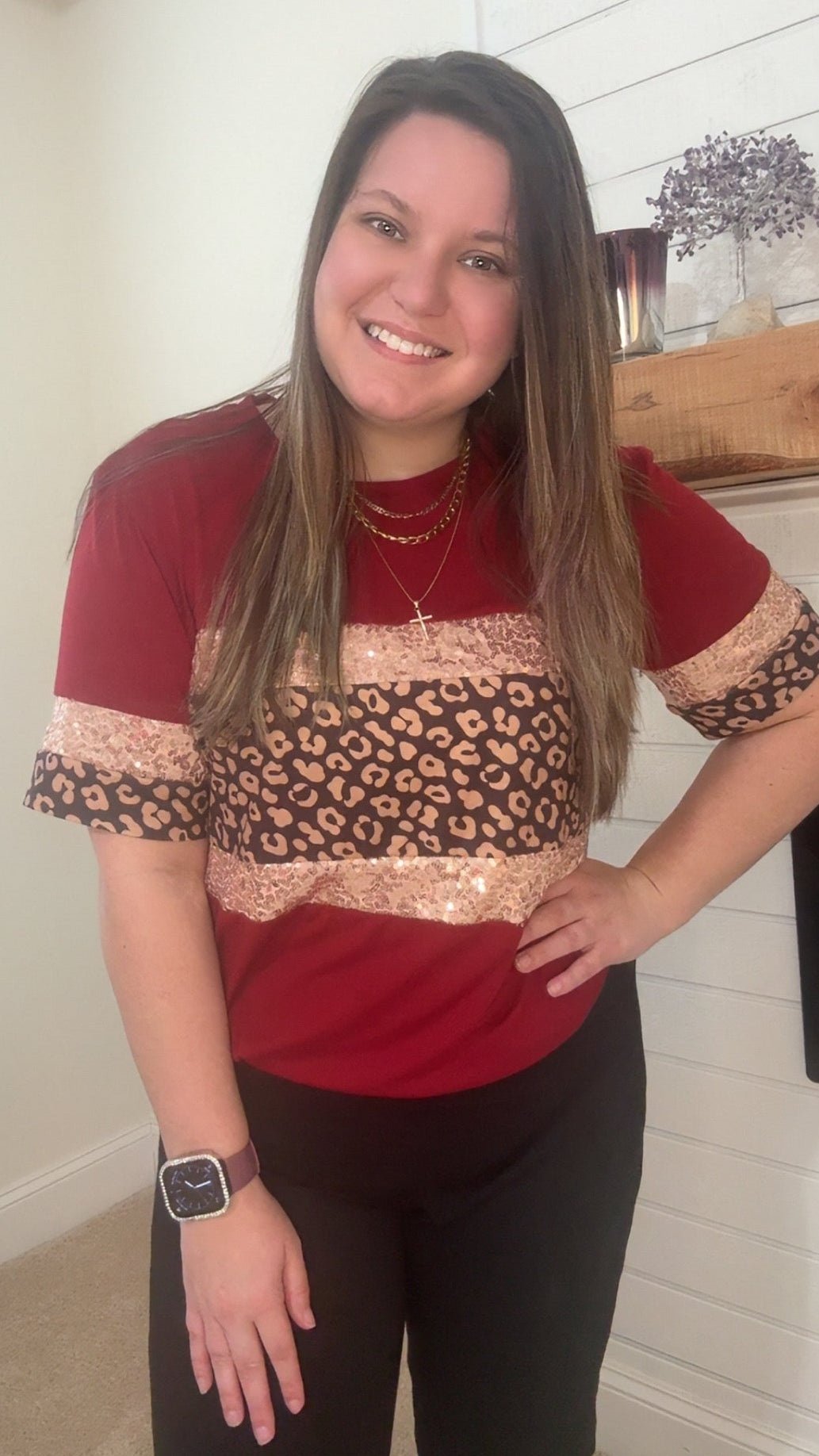 Red Leopard & Sequin Stripe Short Sleeve Women T-shirt - TruBlu Trends