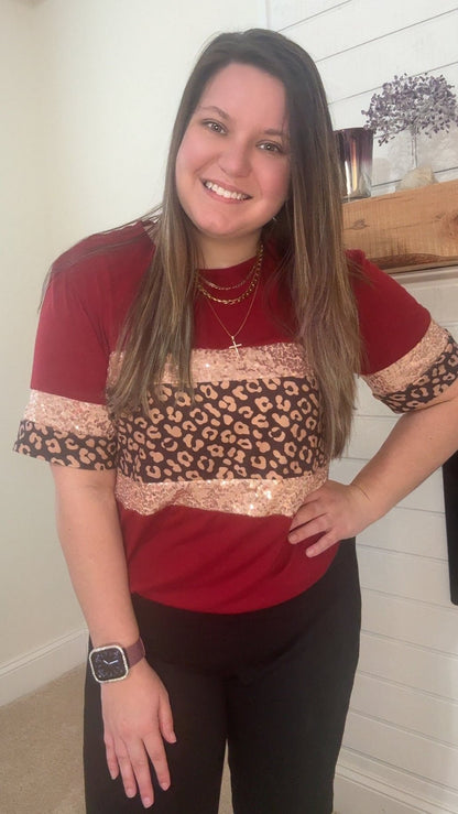 Red Leopard & Sequin Stripe Short Sleeve Women T-shirt - TruBlu Trends