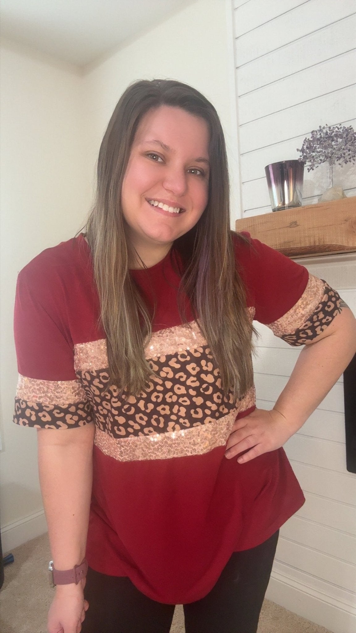 Red Leopard & Sequin Stripe Short Sleeve Women T-shirt - TruBlu Trends