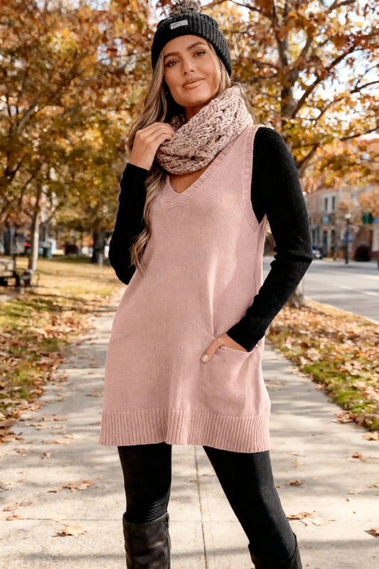 Ribbed Deep V Neckline Front Pocketed Loose Tunic Sweater Vest - TruBlu Trends