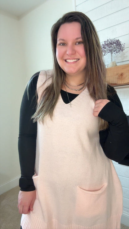 Ribbed Deep V Neckline Front Pocketed Loose Tunic Sweater Vest - TruBlu Trends